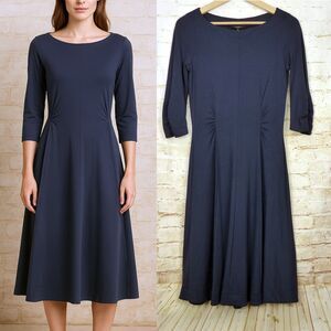 Weekend Max Mara Dress Women M Navy Blue Jersey Midi Waist Ruched ¾ Sleeve